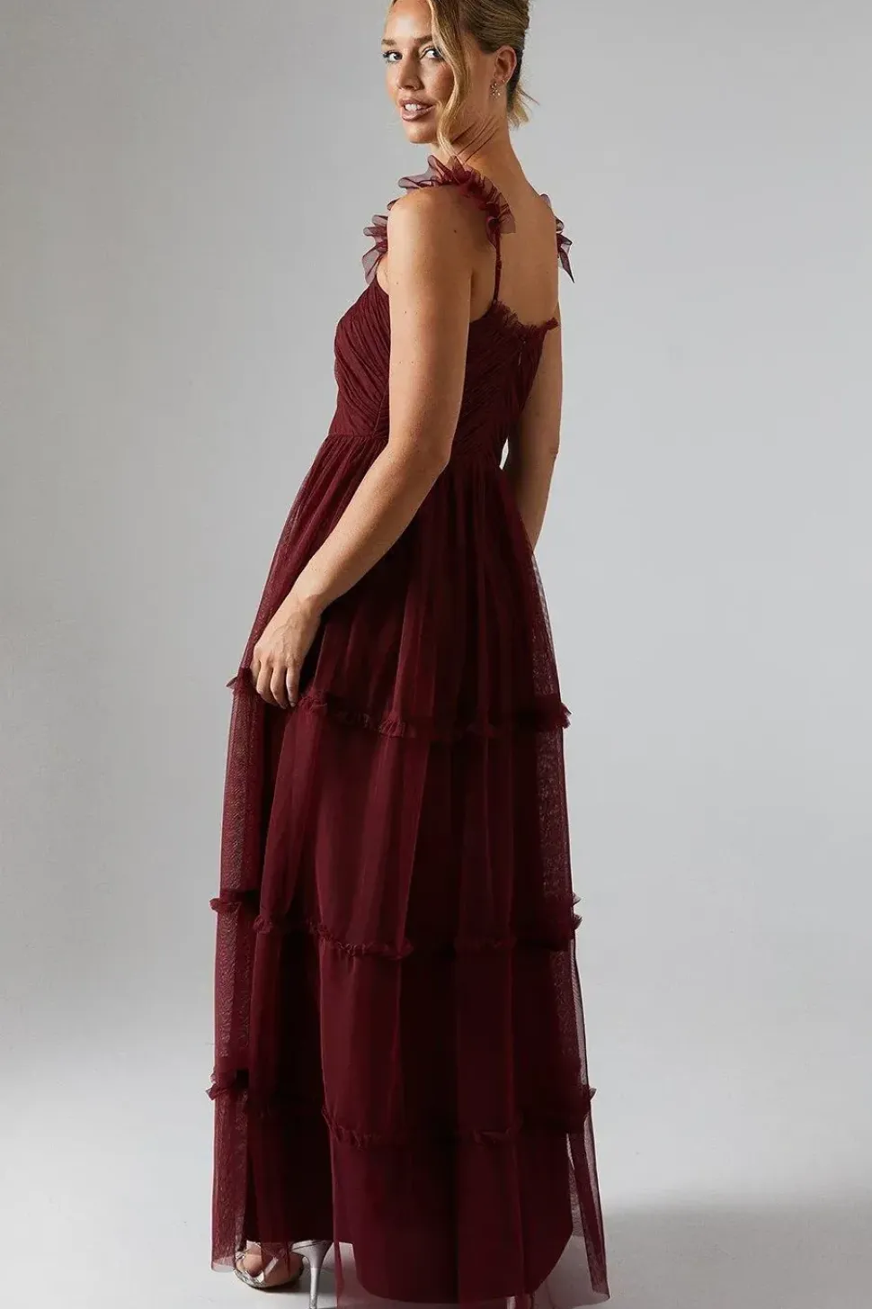 Flutter Sleeve Tiered Mesh Bridesmaids Dress