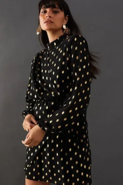Foil Chiffon High Neck Wrap Front Mini Dress