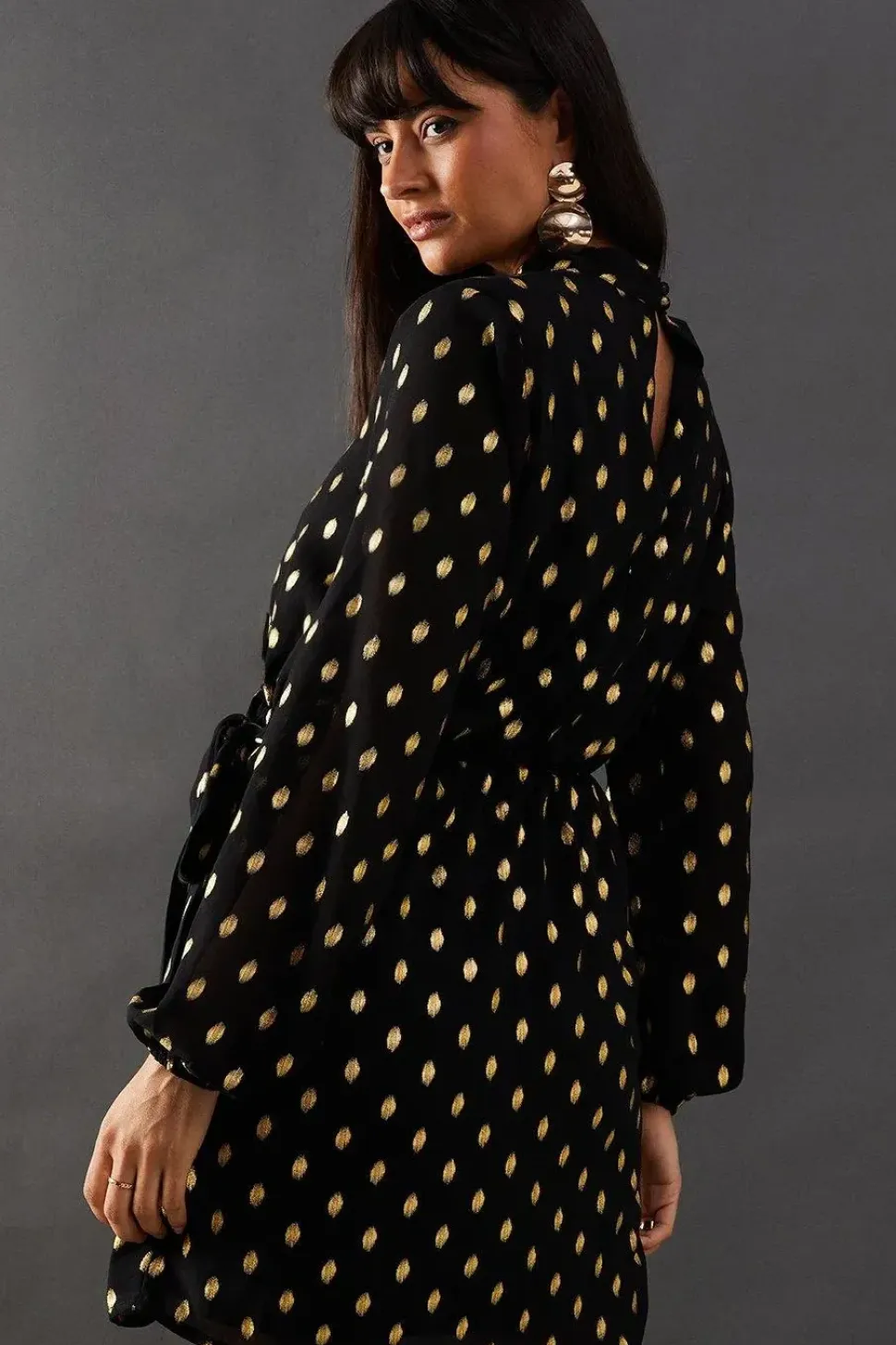 Foil Chiffon High Neck Wrap Front Mini Dress