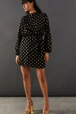Foil Chiffon High Neck Wrap Front Mini Dress