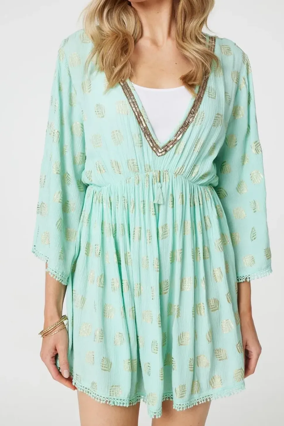 Foiled Leaf Print Short Beach Dress