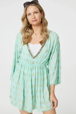 Foiled Leaf Print Short Beach Dress