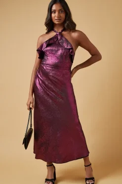 Foil Halterneck Ruffle Foil Midaxi Dress