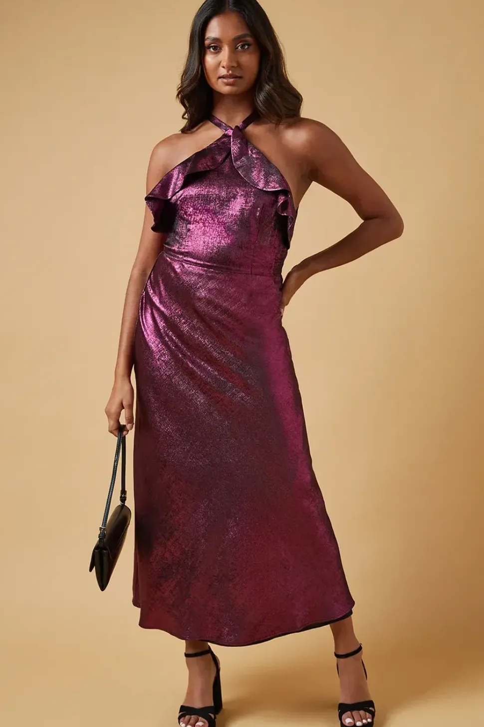 Foil Halterneck Ruffle Foil Midaxi Dress