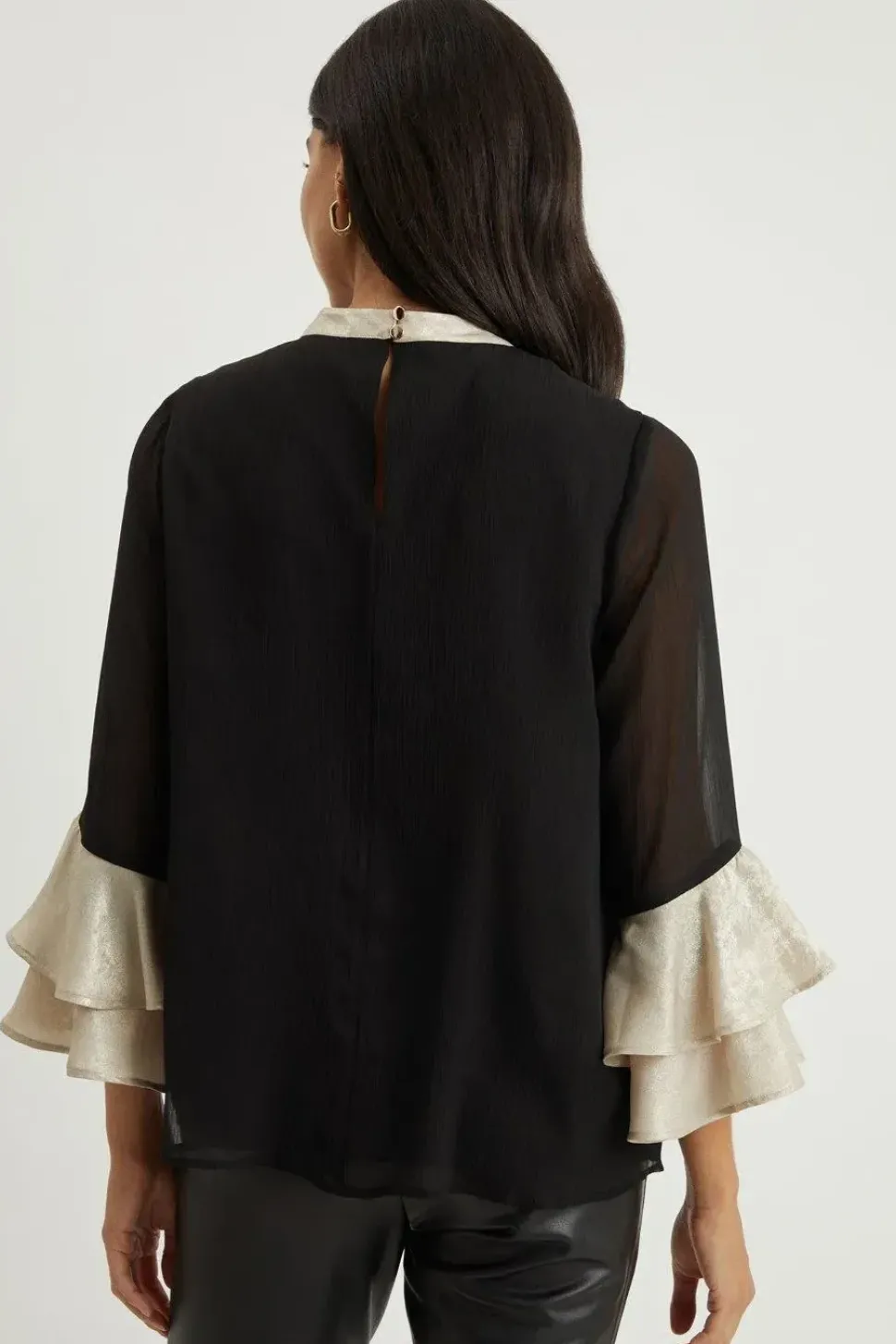 Foil Trim Ruffle Sleeve Top