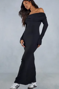 Fold Over Bardot Rib Maxi Dress