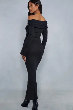 Fold Over Bardot Rib Maxi Dress