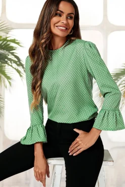 Frill Cuff Long Sleeve Blouse Top In Green Polka Dot