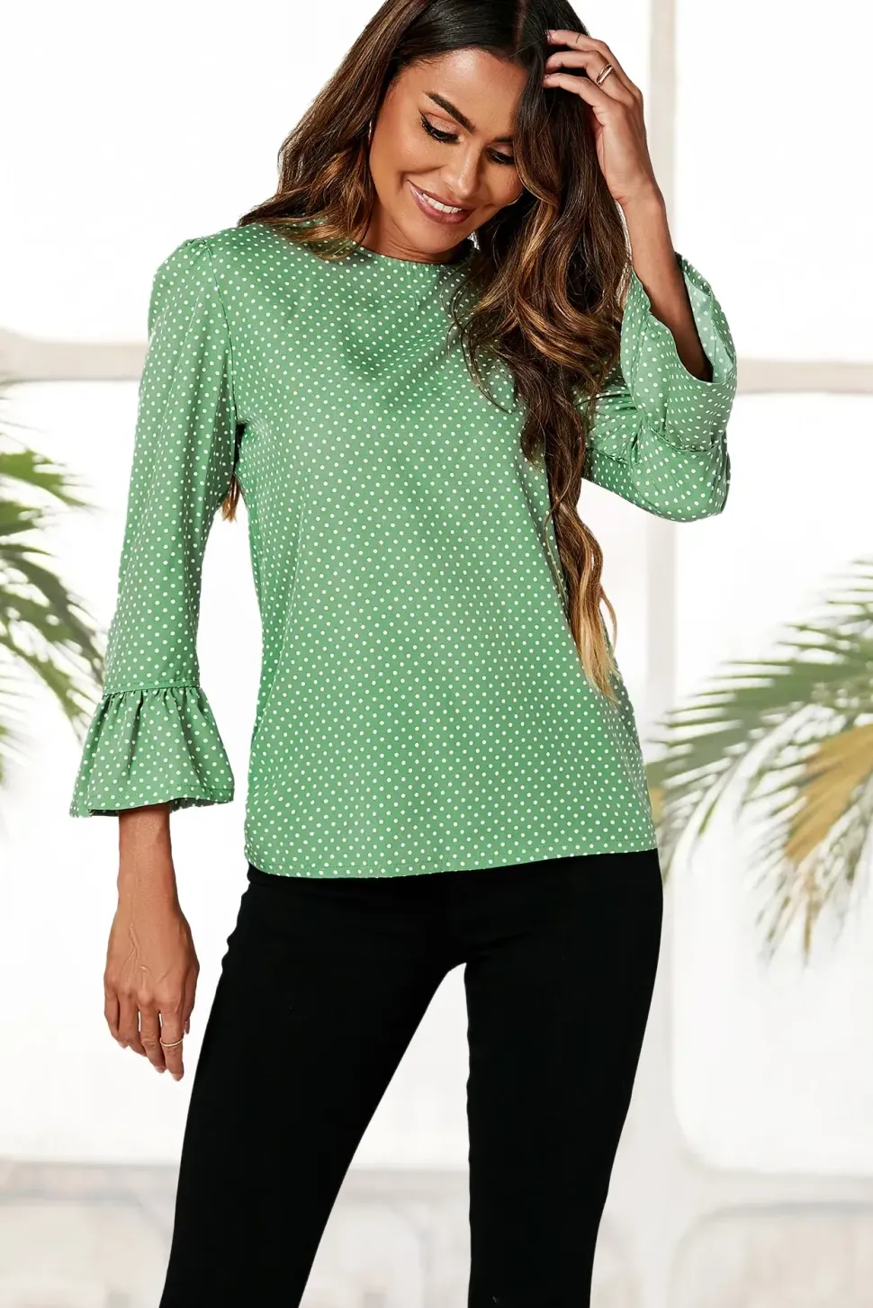 Frill Cuff Long Sleeve Blouse Top In Green Polka Dot