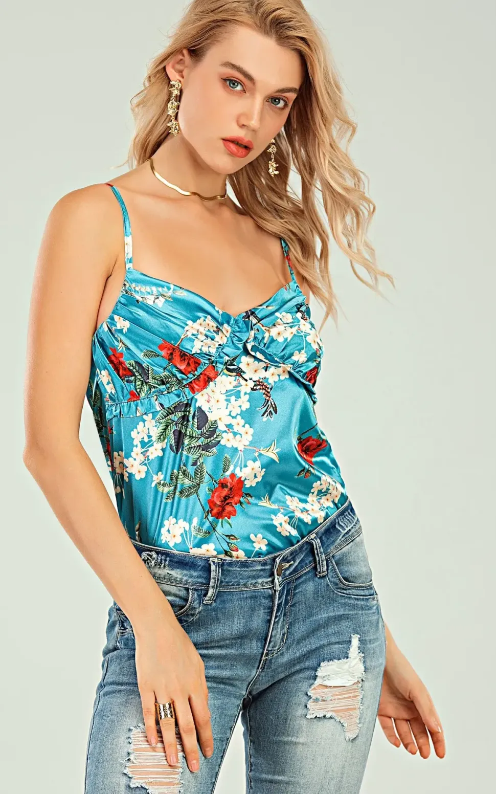 Frill Detail Cami Top in Blue with Red Floral Print