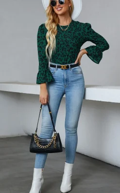 Frill Detail Cuff Top In Green Leopard