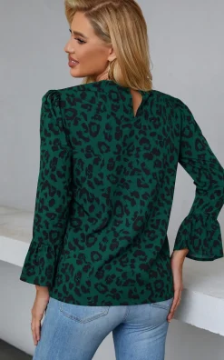 Frill Detail Cuff Top In Green Leopard