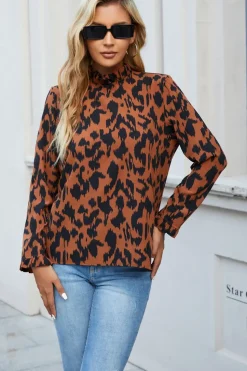 Frill Detail High Neck Top In Camel Brown & Black Leopard Animal Print