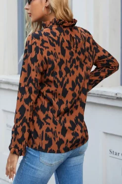Frill Detail High Neck Top In Camel Brown & Black Leopard Animal Print