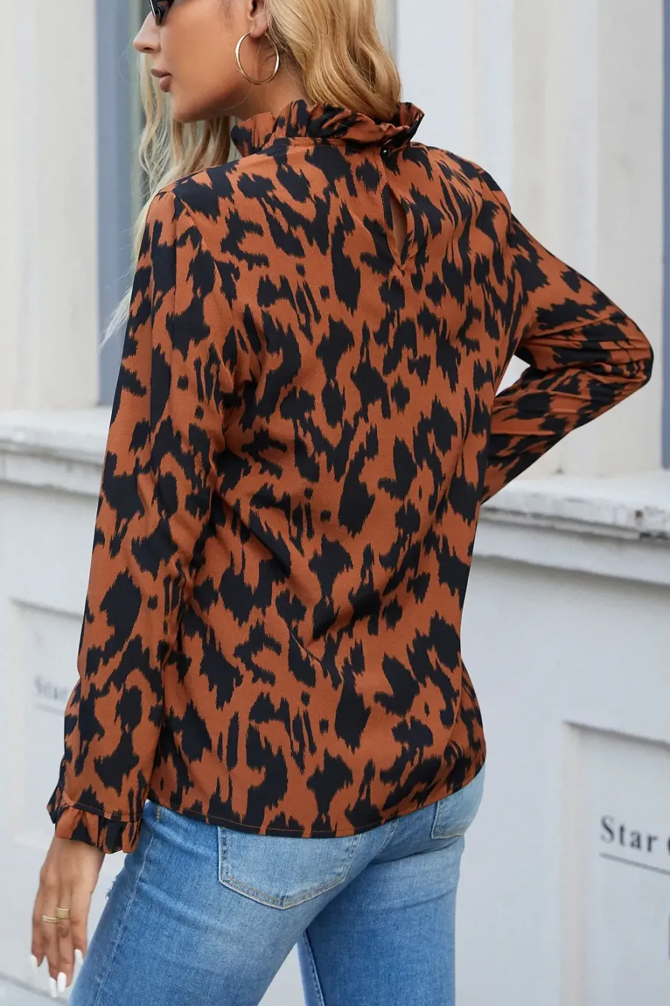 Frill Detail High Neck Top In Camel Brown & Black Leopard Animal Print