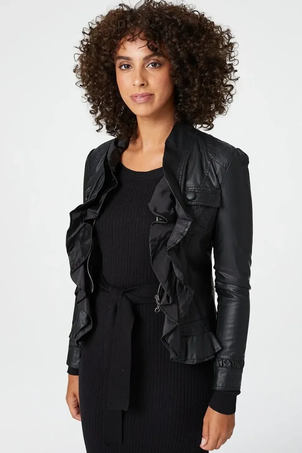 Frilled Front Faux Leather Jacket