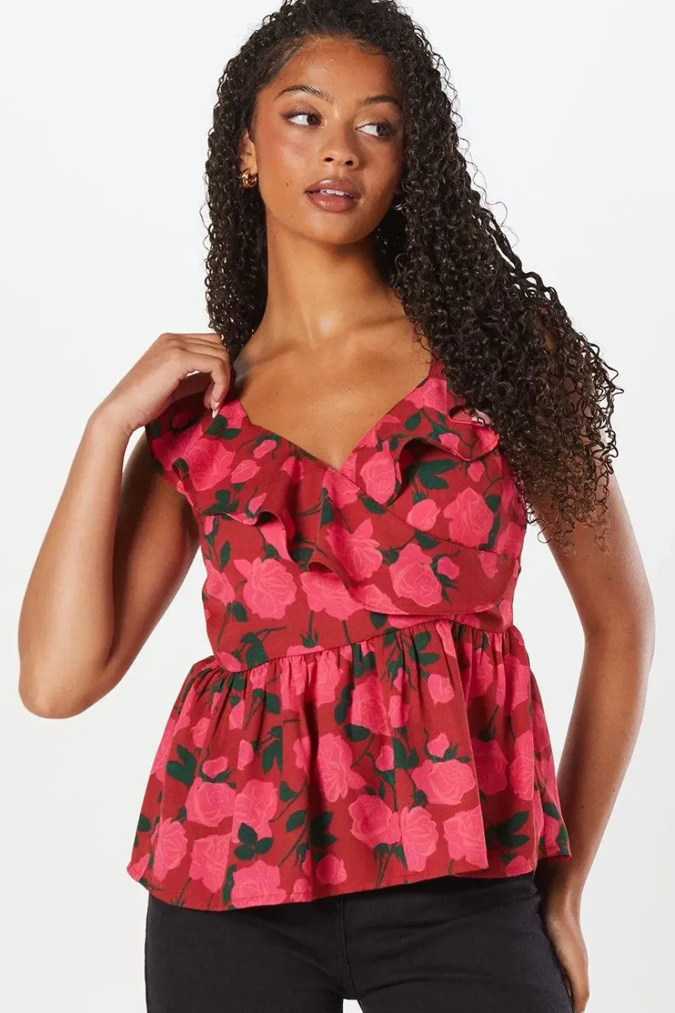 Frill Neck Wrap Peplum Top