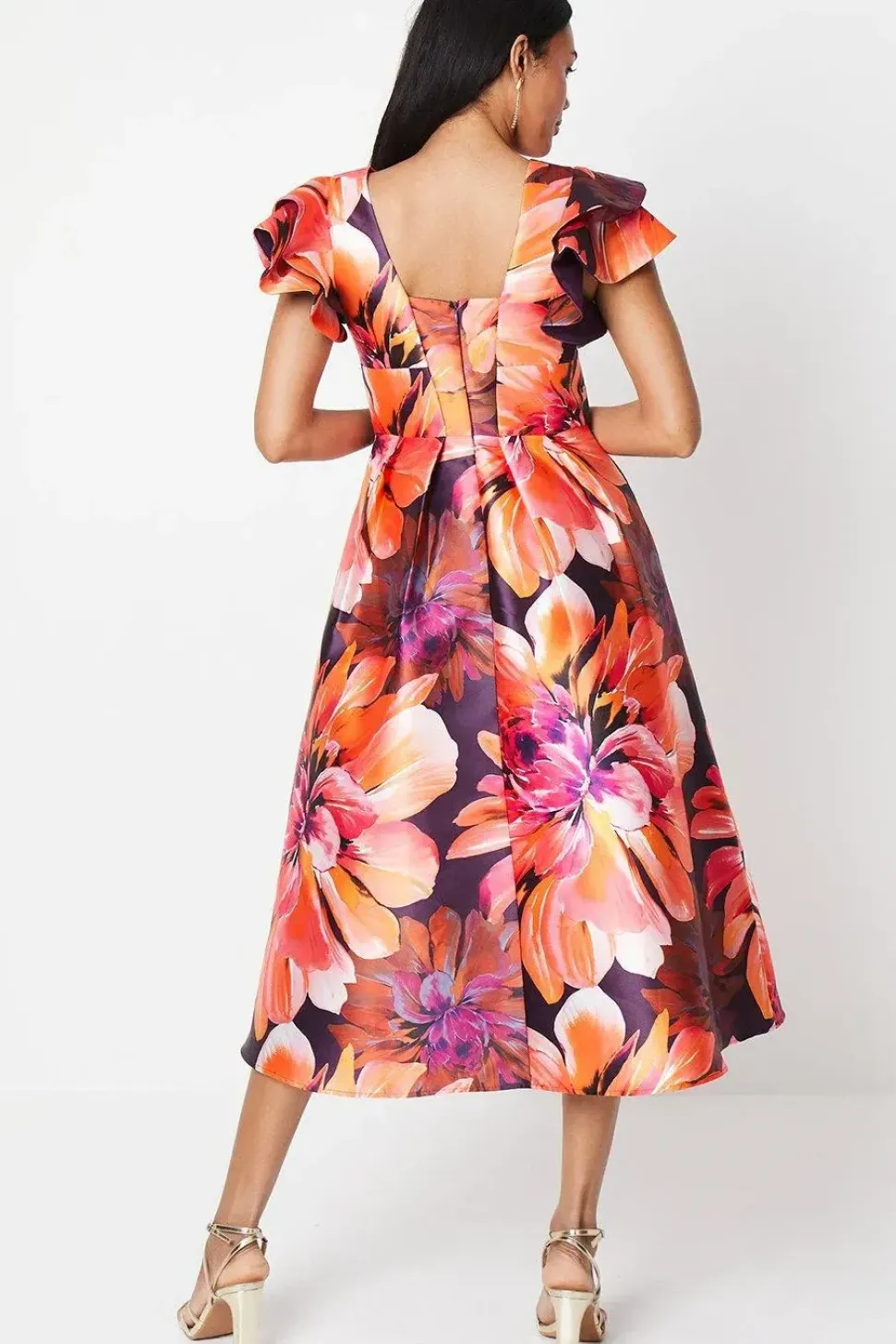 Frill Shoulder Plunge Twill Midi Wedding Guest Dress