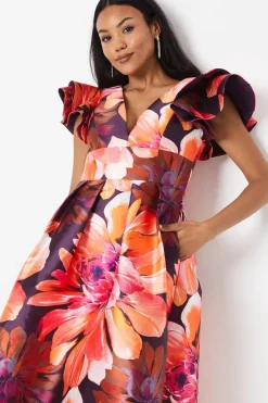 Frill Shoulder Plunge Twill Midi Wedding Guest Dress