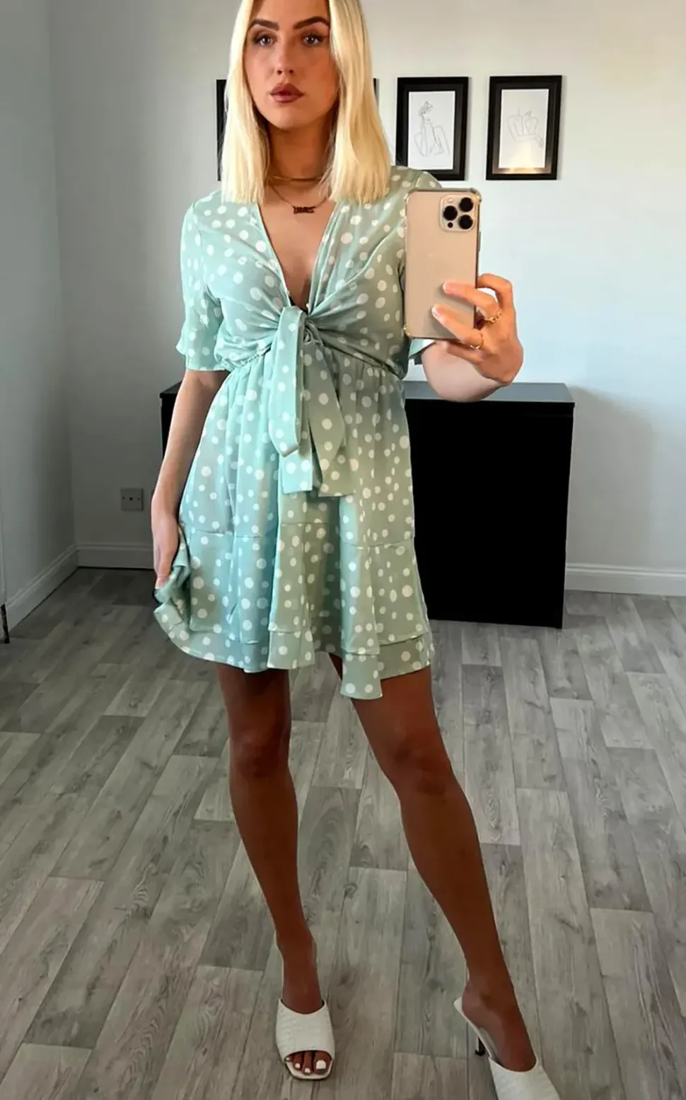 Frill Skater Mini Dress In Mint With Spot Print