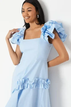 Frill Sleeve Ruffle Skirt Cotton Midi Dress