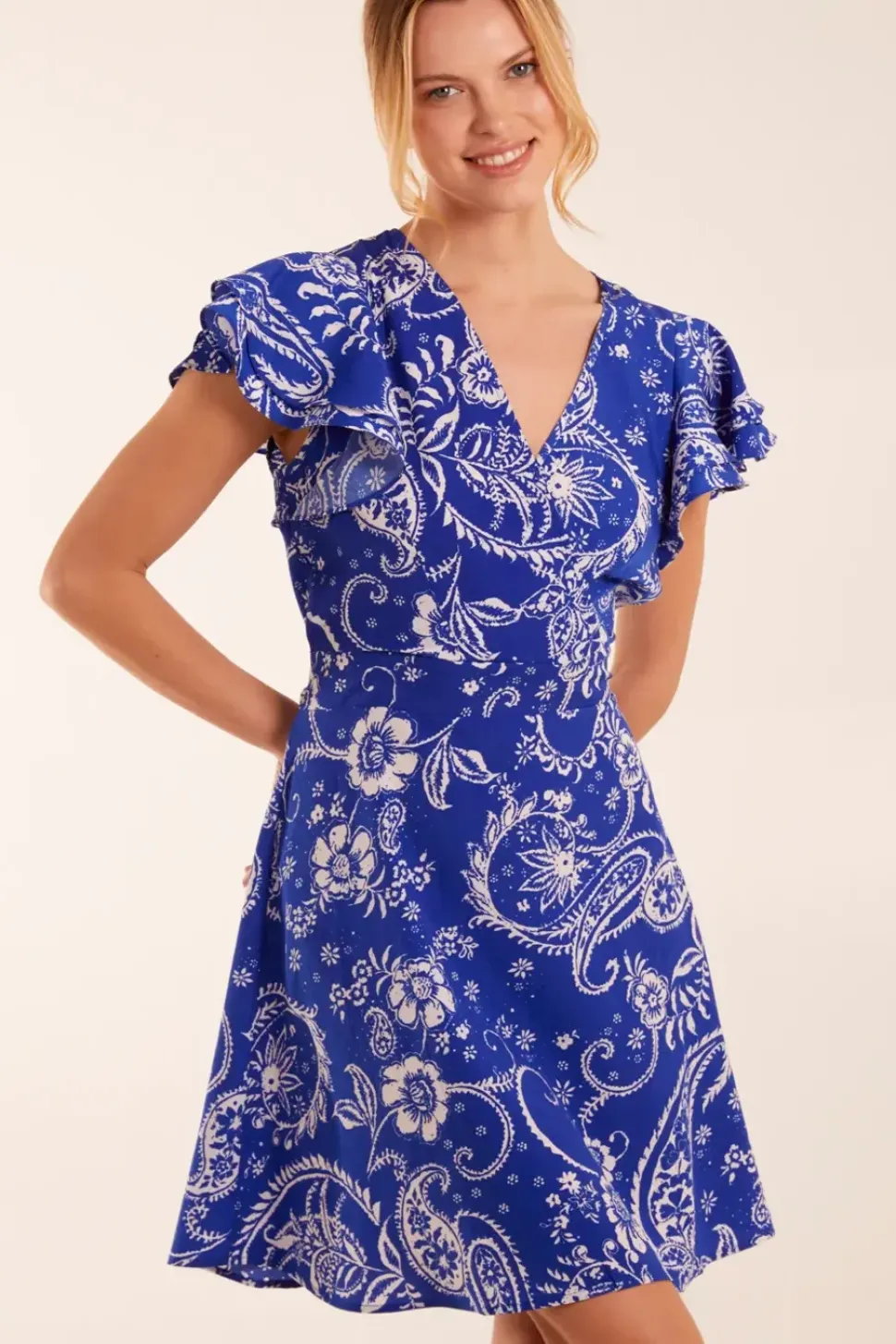 Frill Sleeve Wrap Belted Mini Dress