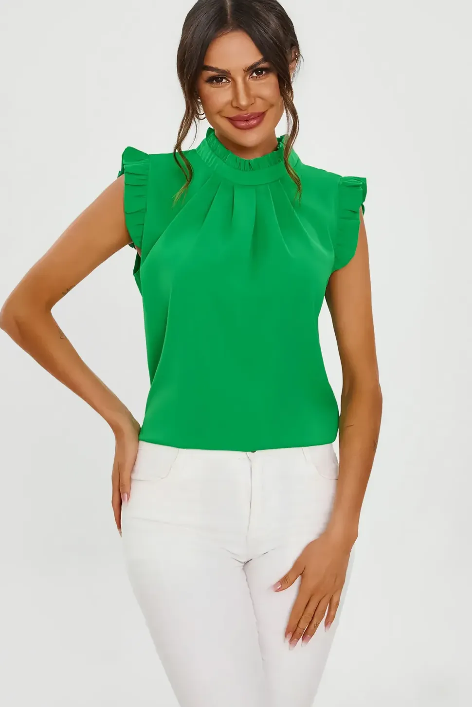 Frill Trim Sleeve High Neck Blouse Top In Light Green