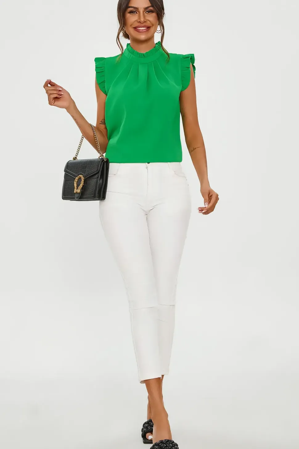 Frill Trim Sleeve High Neck Blouse Top In Light Green