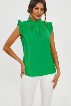 Frill Trim Sleeve High Neck Blouse Top In Light Green