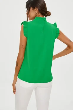 Frill Trim Sleeve High Neck Blouse Top In Light Green