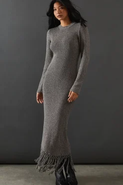 Fringed Hem Knitted Maxi Dress