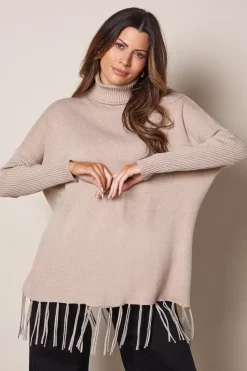 Fringed Hem Roll Neck Poncho