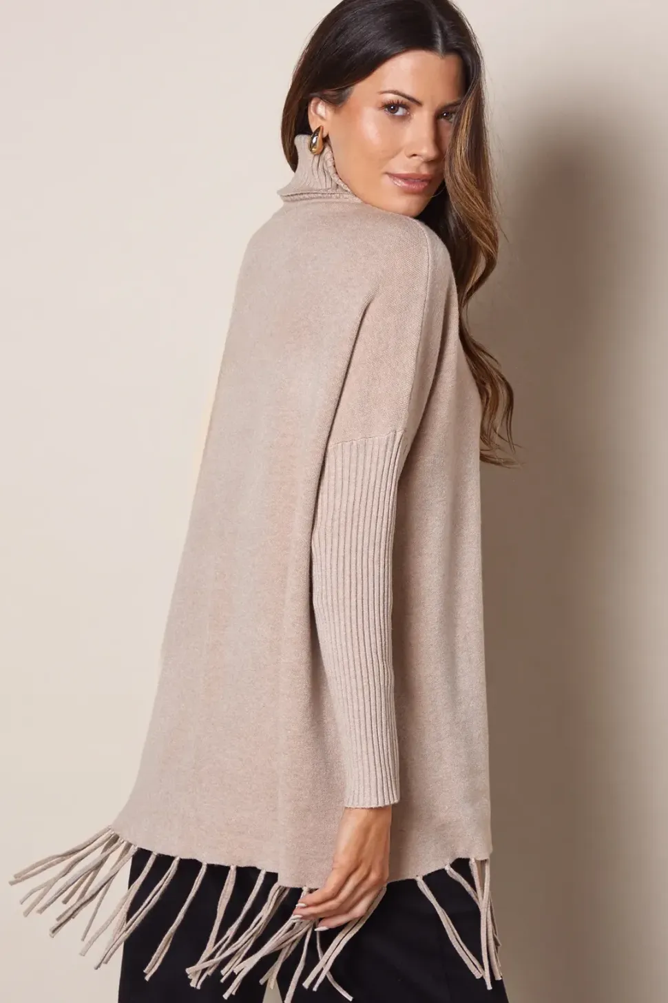 Fringed Hem Roll Neck Poncho