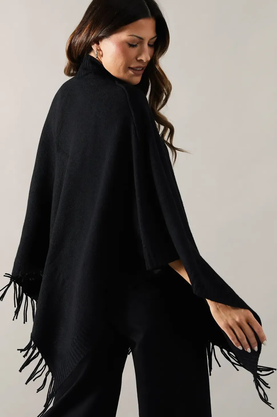 Fringe Hem High Neck Poncho