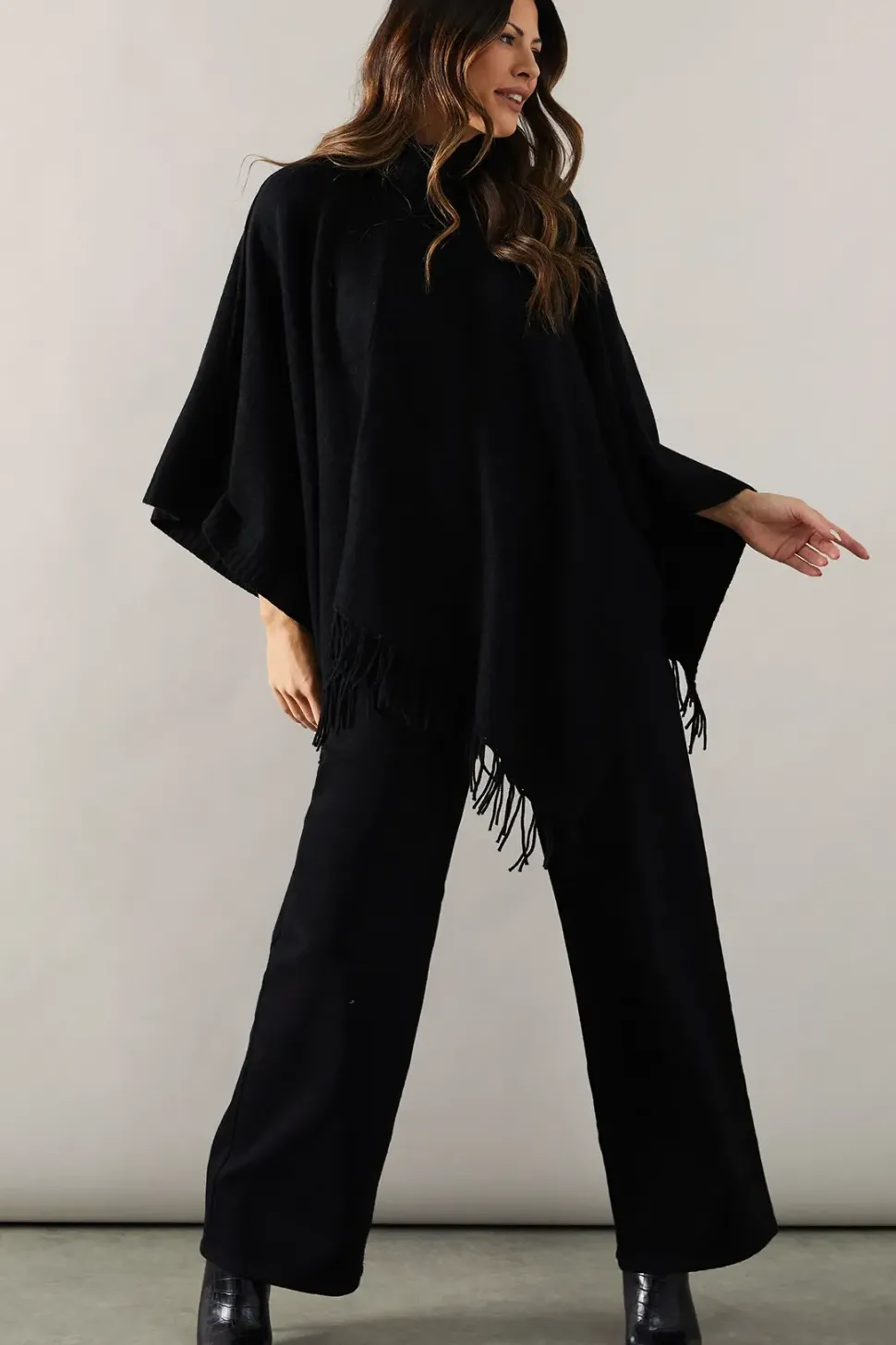 Fringe Hem High Neck Poncho