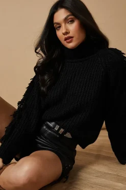 Fringe Sleeve Roll Neck Cropped Jumper