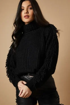 Fringe Sleeve Roll Neck Cropped Jumper