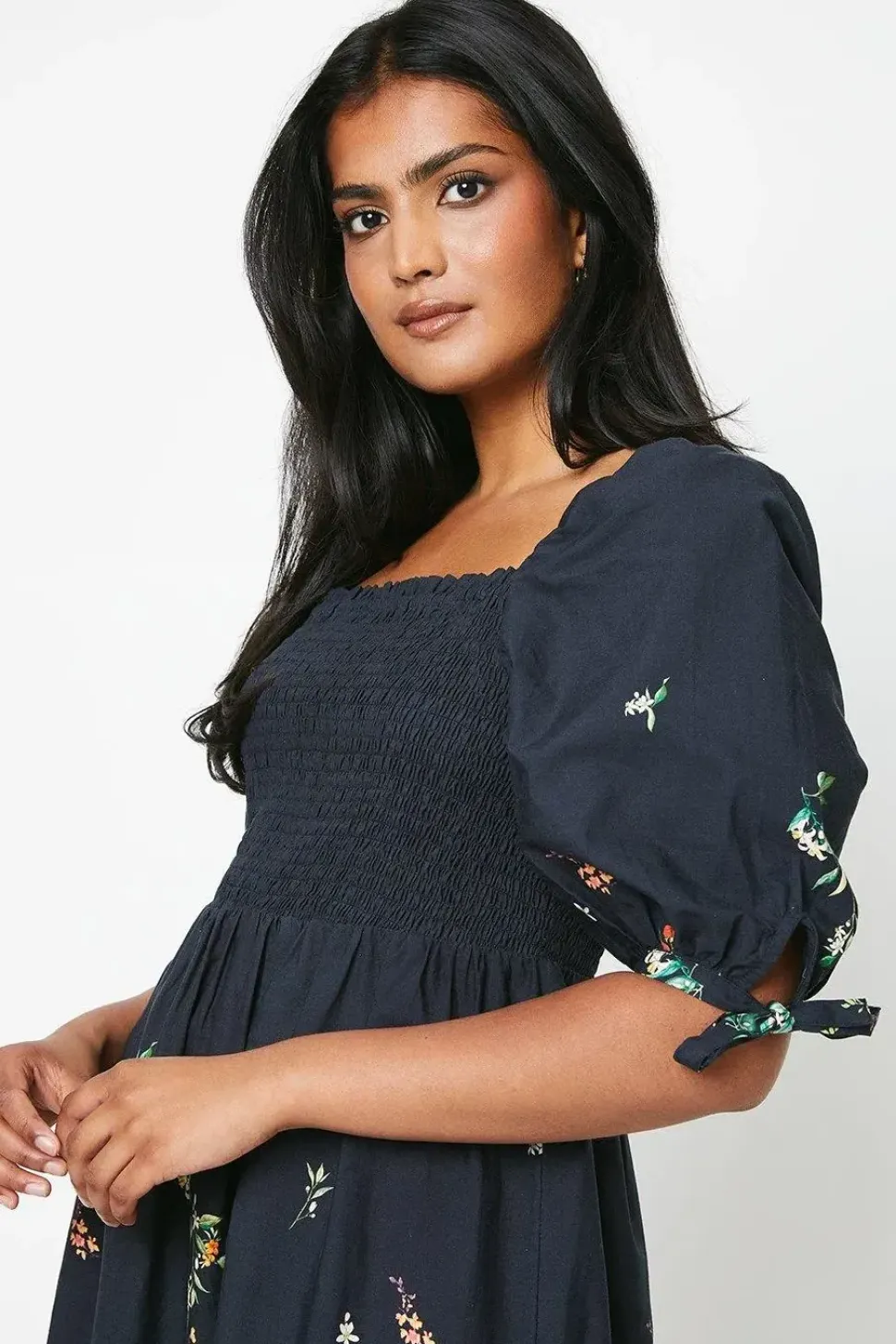 Fruit Placement Print Poplin Shirred Midi Dress