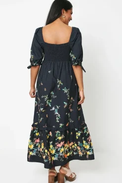 Fruit Placement Print Poplin Shirred Midi Dress