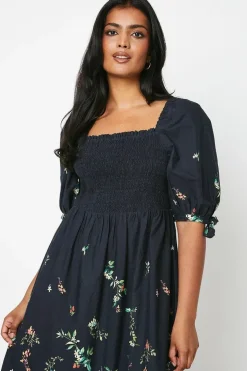 Fruit Placement Print Poplin Shirred Midi Dress