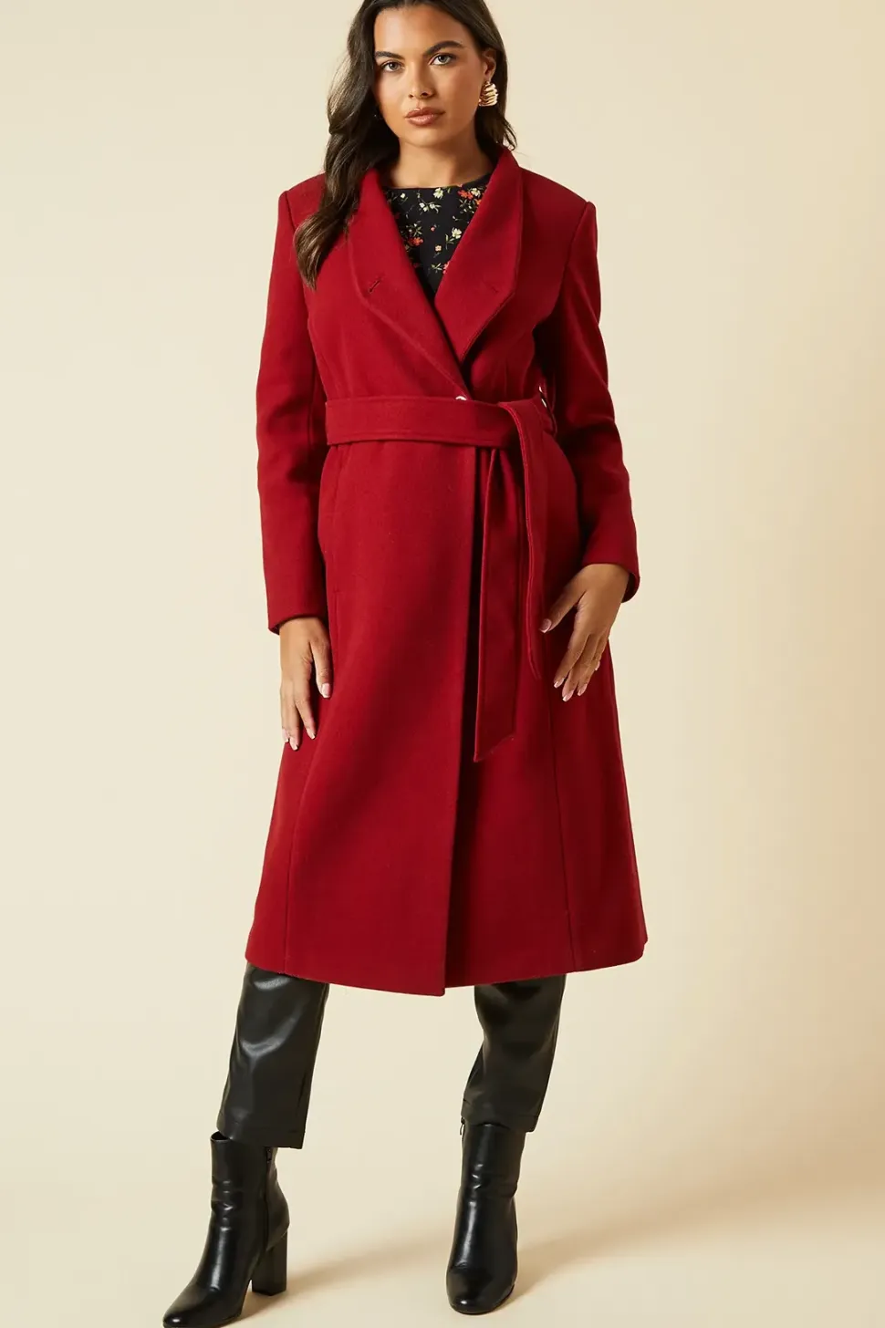 Funnel Neck Midi Belted Coat