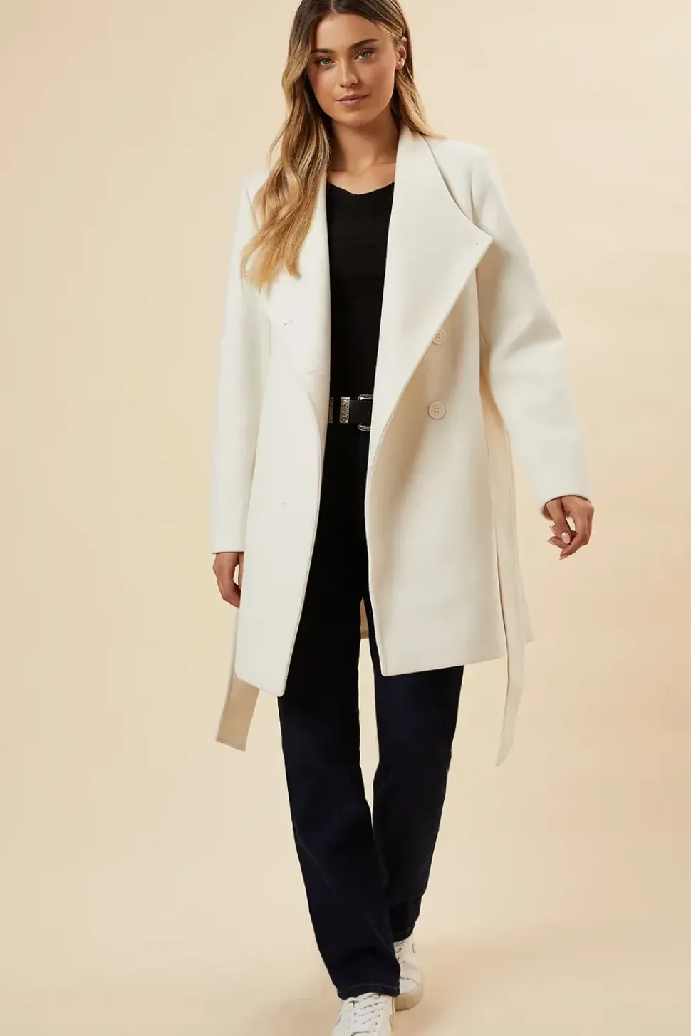 Funnel Neck Short Belted Coat