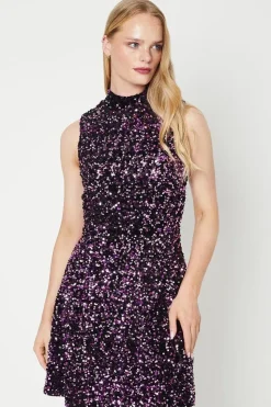 Funnel Neck Velvet Sequin A Line Mini Dress