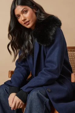 Fur Collar Button Through Coat