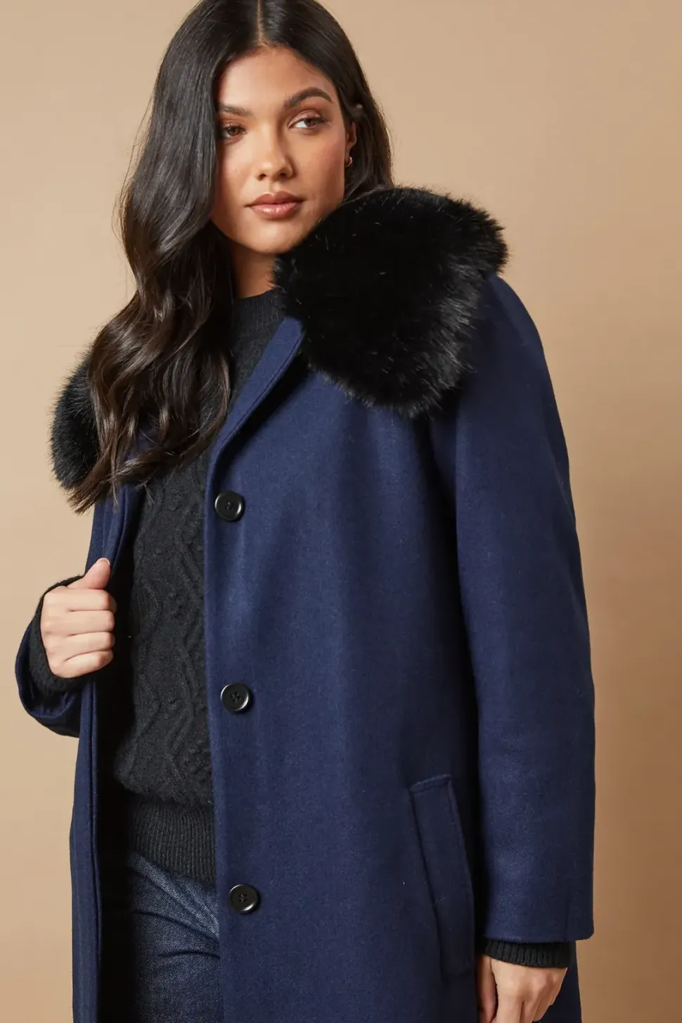 Fur Collar Button Through Coat