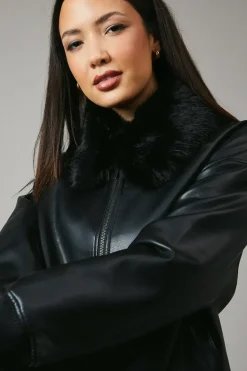 Fur Collar Faux Leather Bomber