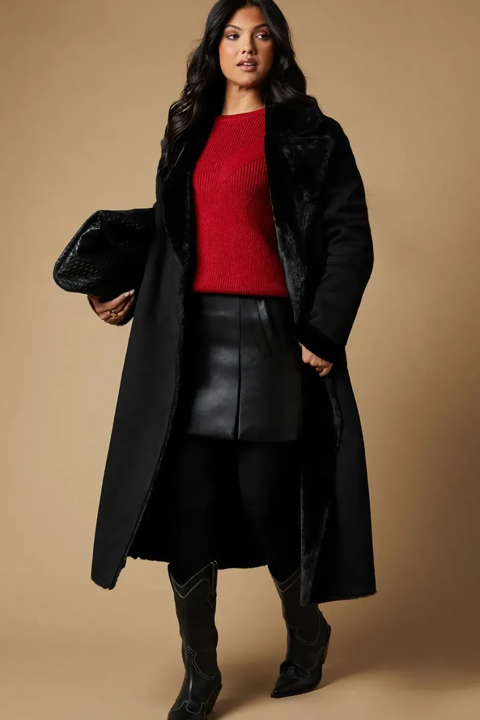 Fur Lined Belted Suedette Coat