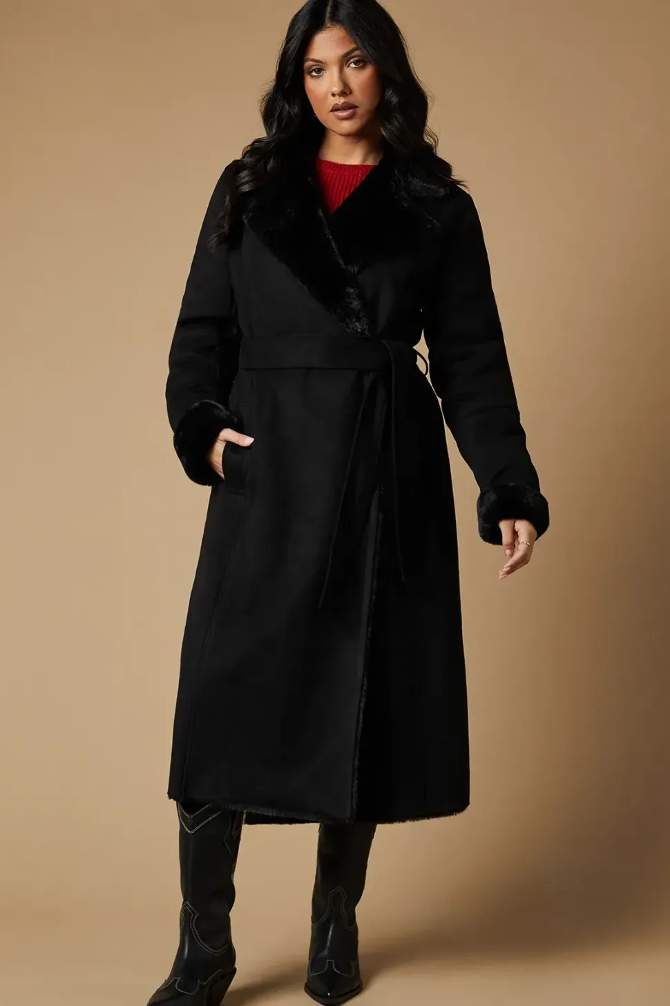 Fur Lined Belted Suedette Coat