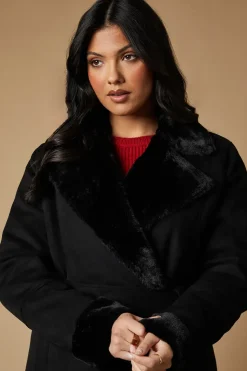 Fur Lined Belted Suedette Coat