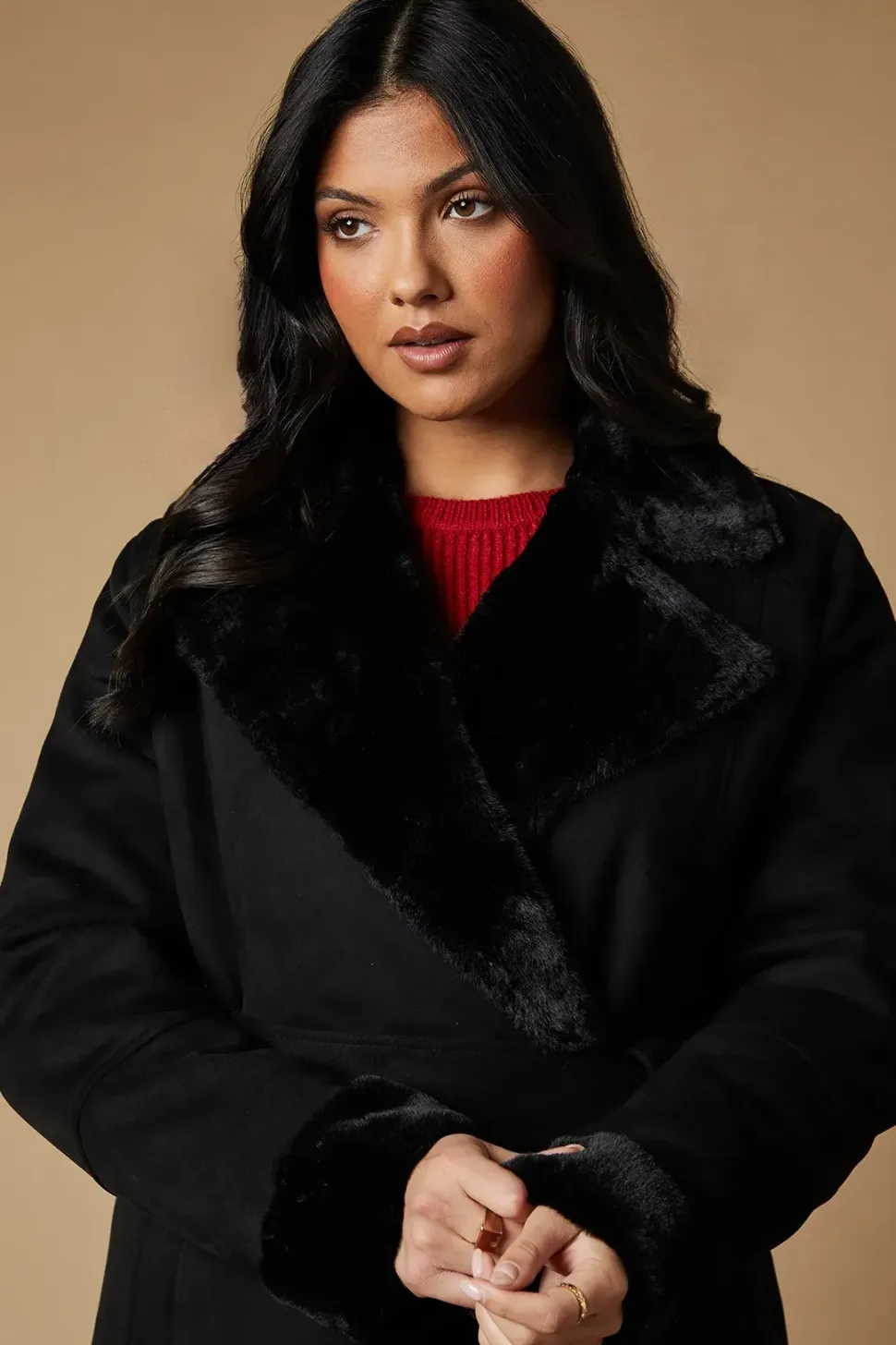 Fur Lined Belted Suedette Coat